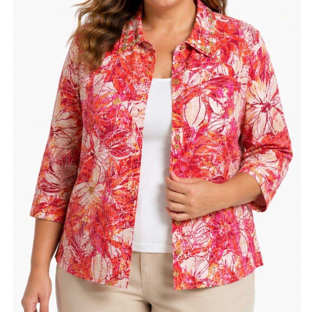 Ruby Rd Woman Tropical Floral Jacket 24W Plus Size Stretch Cotton Art To Wear